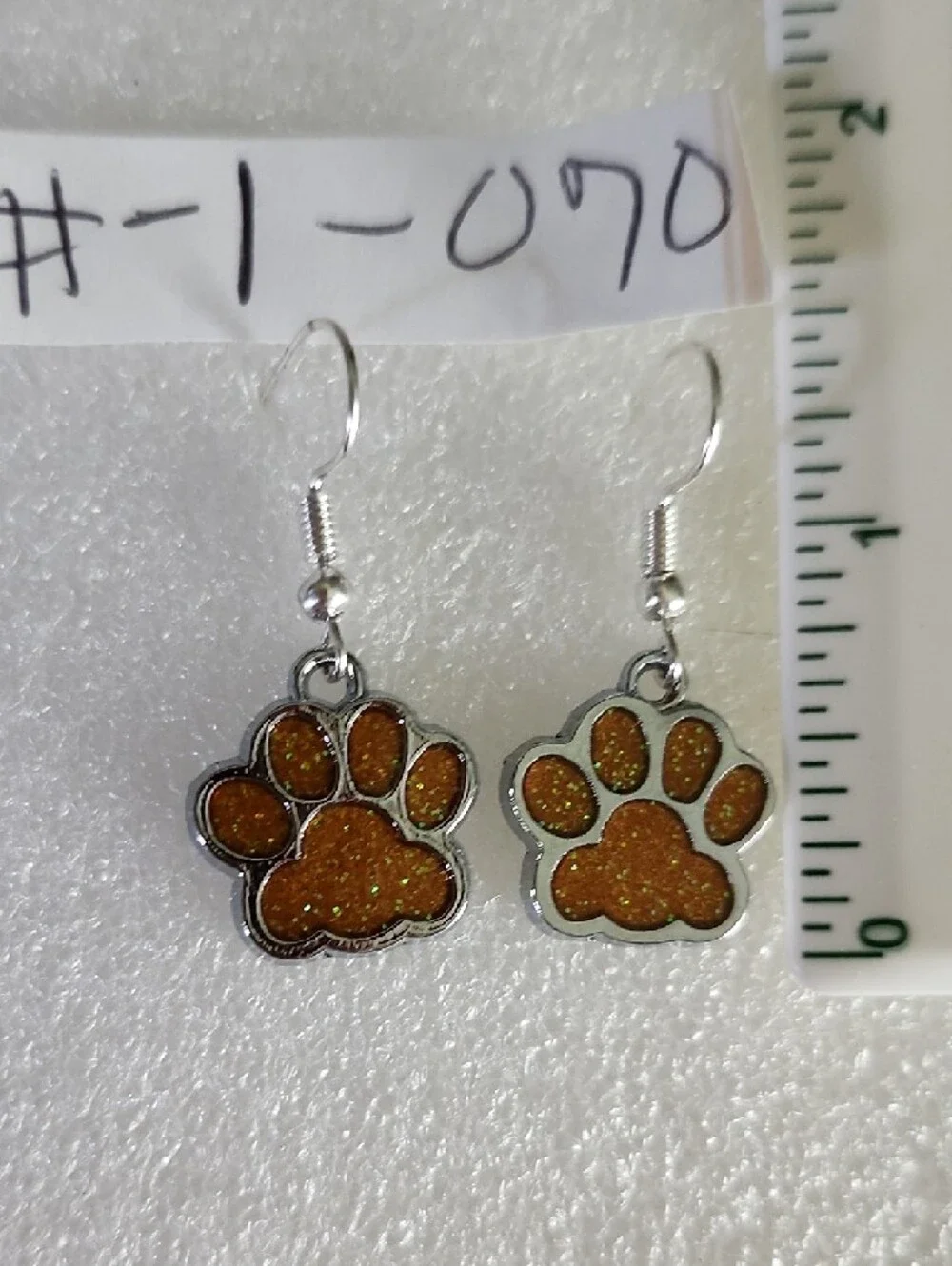 Hand Crafted Orange Glitter Paw Print Drop Earrings